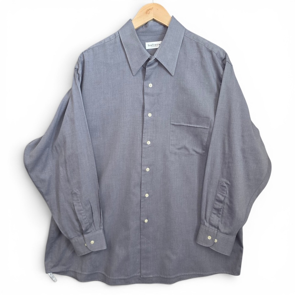 Van Heusen Dress Shirt Mens 17.5 32/33 XL Gray Button Up Wrinkle Free Career